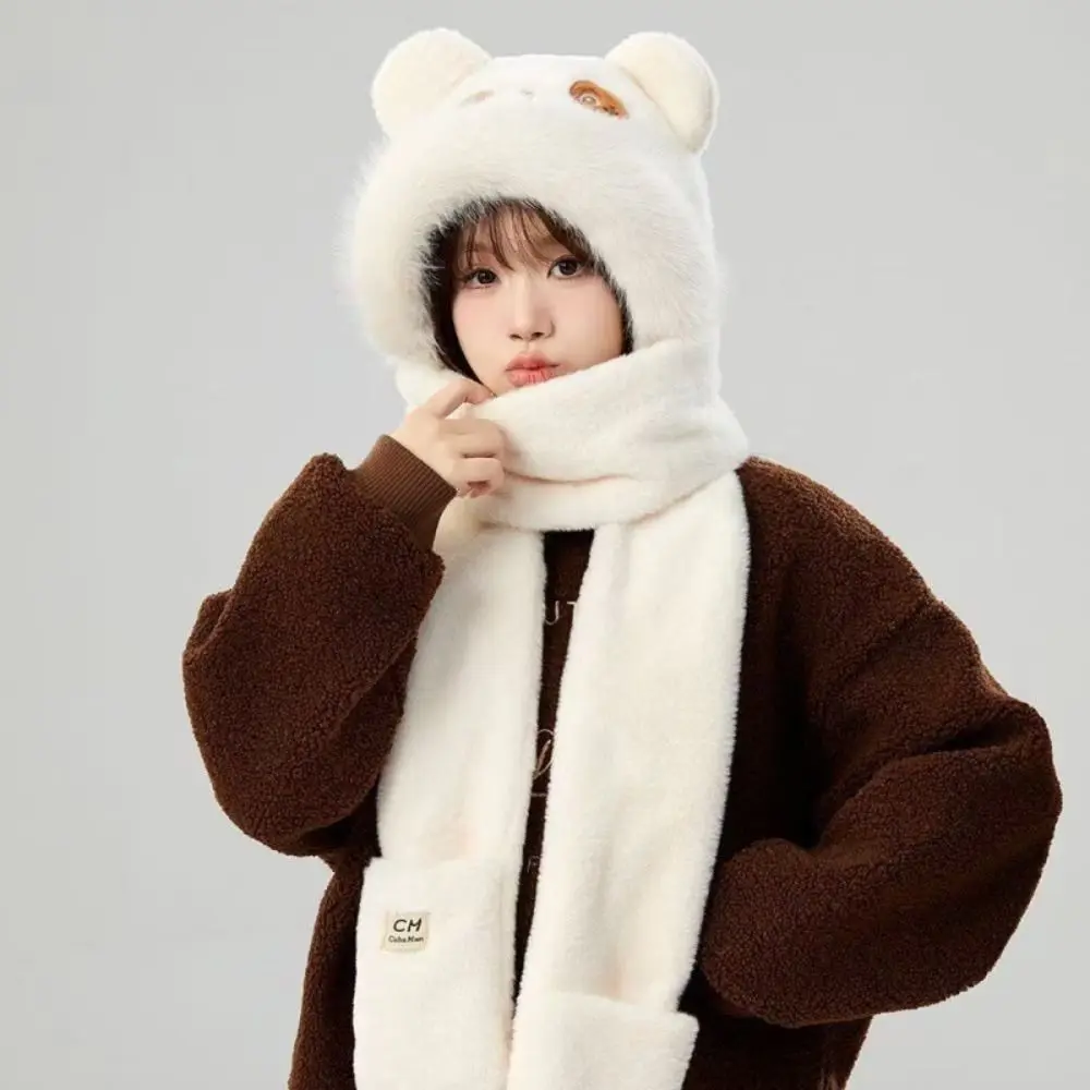 Cute Panda Pattern Women Ear Protection Cap Coldproof with Gloves Warm Thick Pullover Hat with Ties Windproof Lei Feng Hat