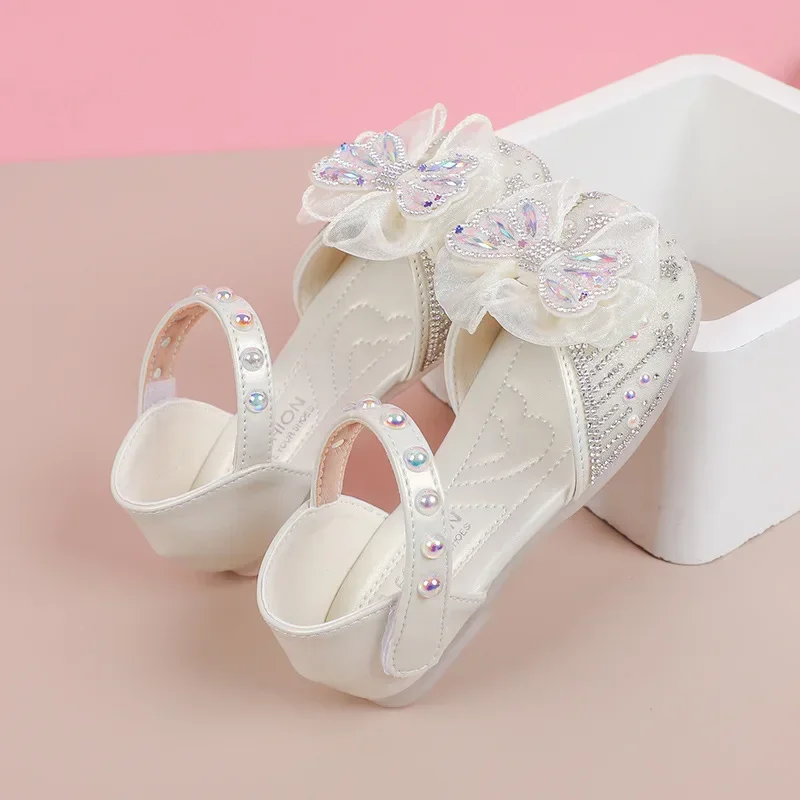 

Girls' Fashion Sandals 2024 Summer New Korean Edition Kids Sweet Soft Sole Princess Shoes Bowtie Children's Fairy Crystal Shoes