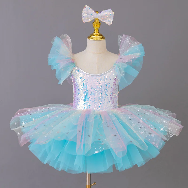 Girls Tulle Puffy Princess Dress With Wrist Flowers+Headpieces Kids Ballet Sequins Dresses Children Clothes Halloween Dress up