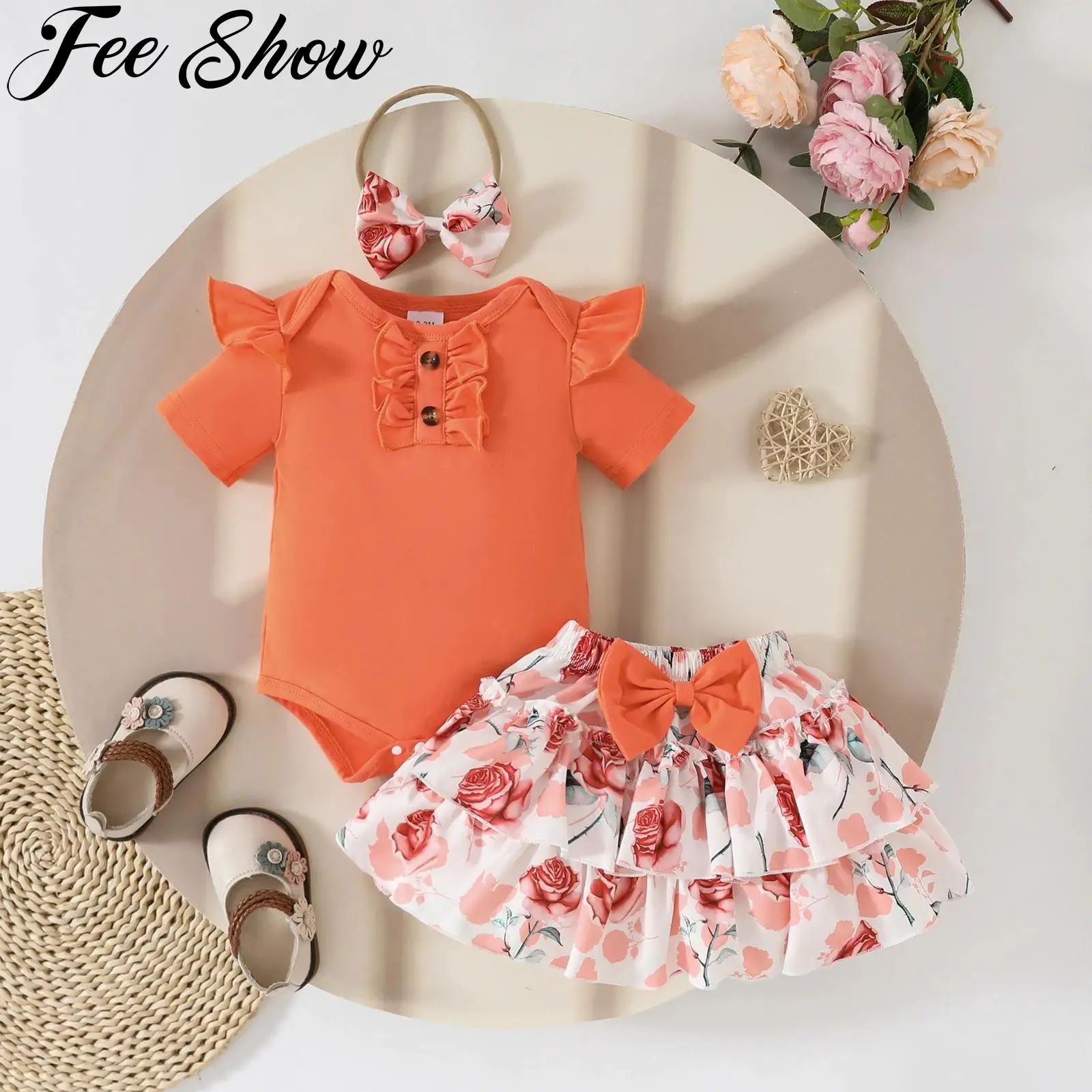 

Baby Girls Cute Summer Clothing Set Short Sleeveless Ruffled Rompers with Floral Skirt Bow Headband Birthday Party Daily Wear