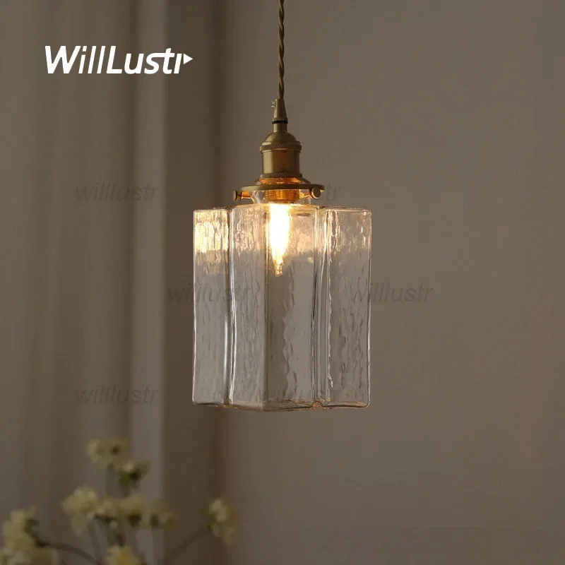 

Square Hammered Glass Pendant Lamp Retro Brass Head Suspension Light Hotel Cafe Homestay Bedside Bar Hanging Ceiling Chandelier