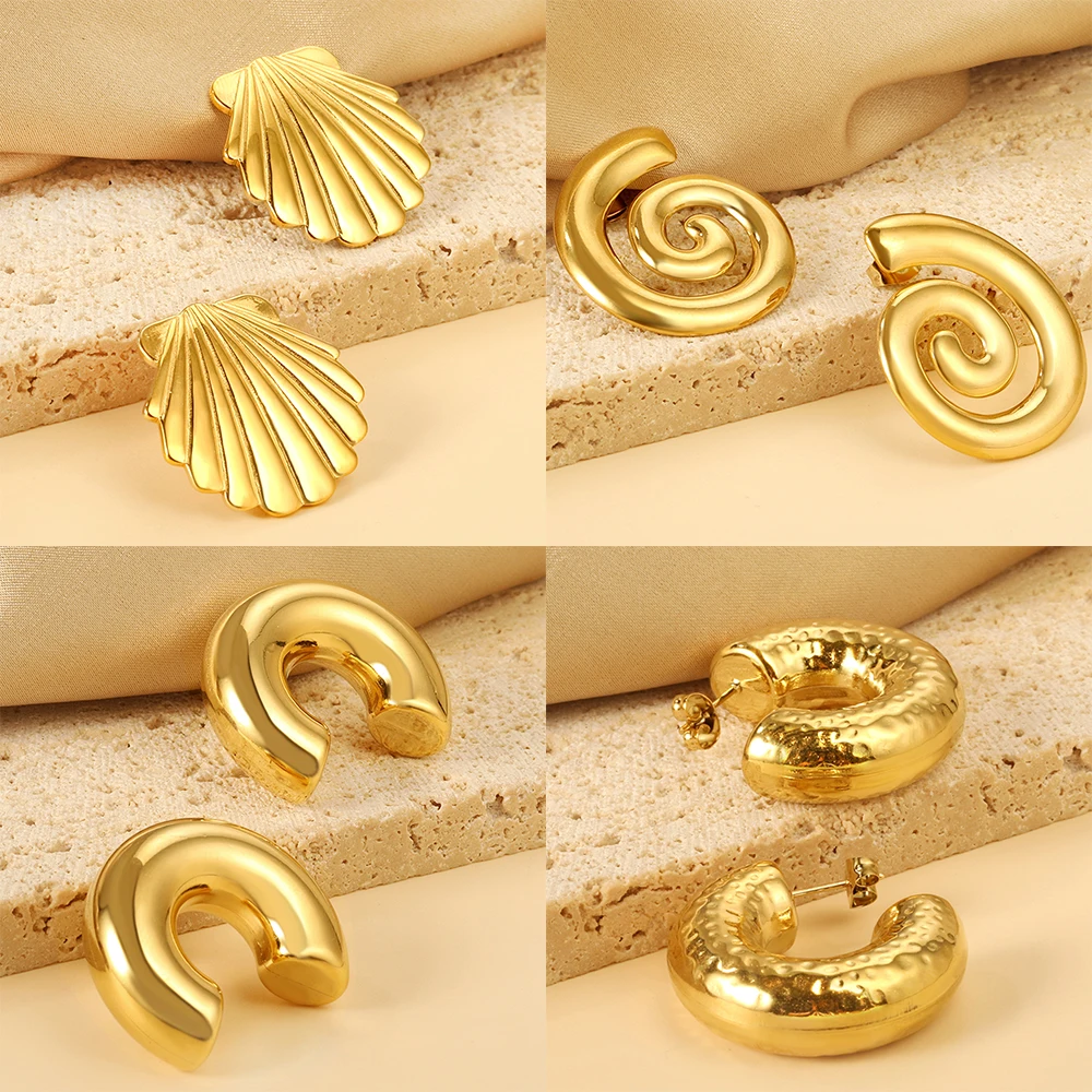 

ASONSTEEL Chunky Large Stud Earrings Shell Screw C Shape Gold Color Stainless Steel For Women Girl Jewelry Piercing Party Gift