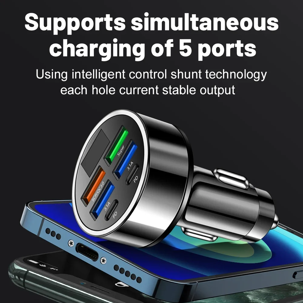 100W Multi-Port USB Type C Car Charger with Digital Display For iPhone 15 Pro Max Xiaomi Samsung Galaxy S25 Mobile Phone Charger