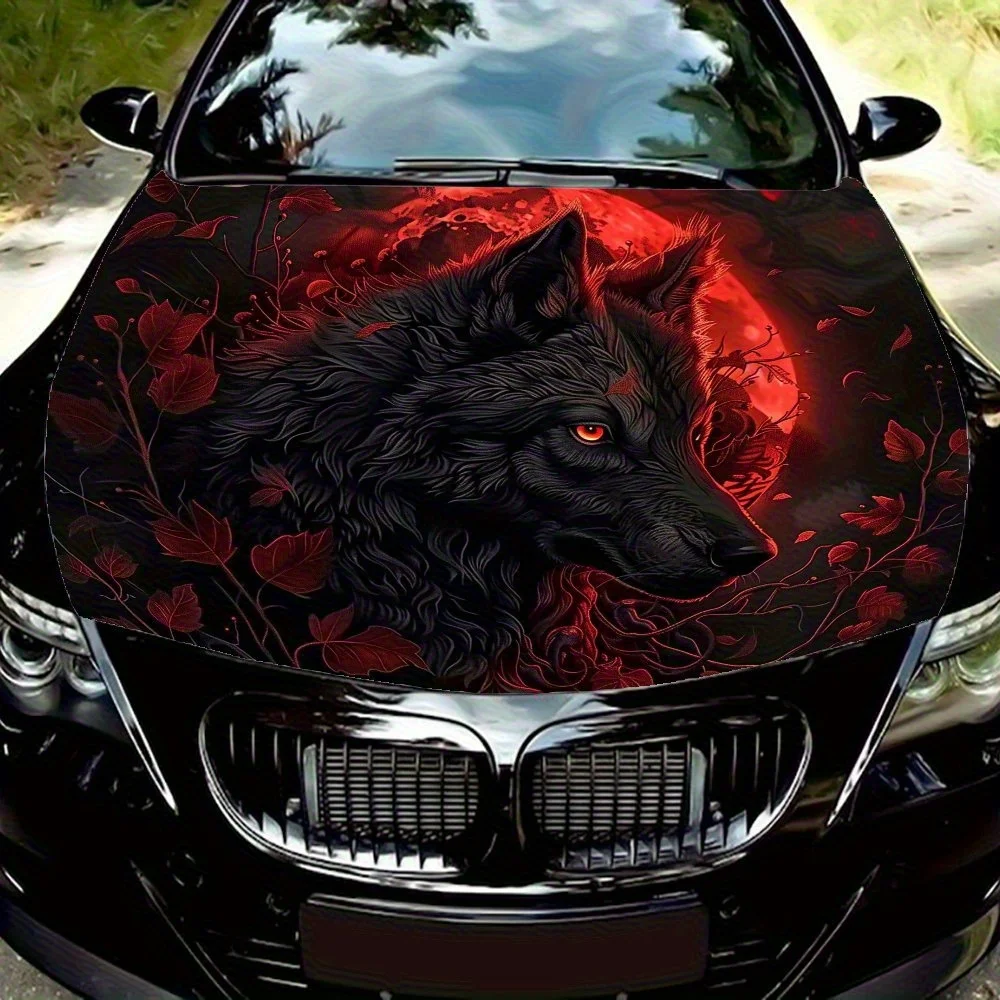 

Red-eyed Black Wolf Under The Red Moon Vinyl Decal - Universal Fit Paper Material Car Hood Wrap, Automotive Exterior Bonnet Stic