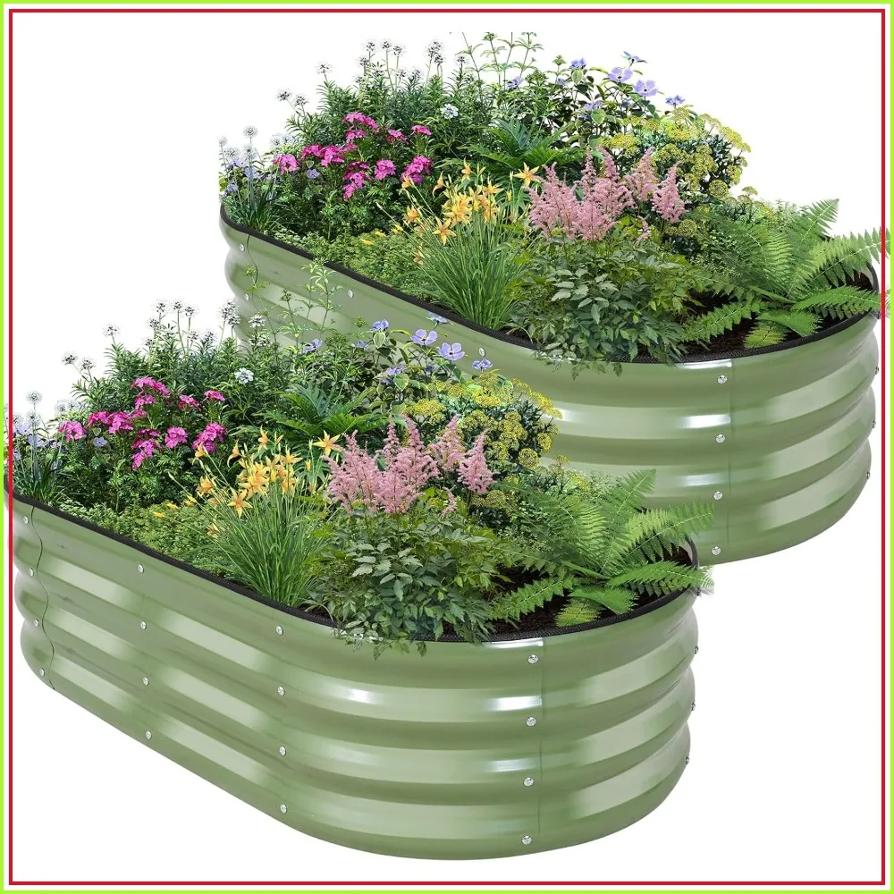 Galvanized Raised Garden Bed 4x2x1ft 2-Pack Olive Green Outdoor Oval Metal Planter Box Bottomless Safety Edging Includes Gloves