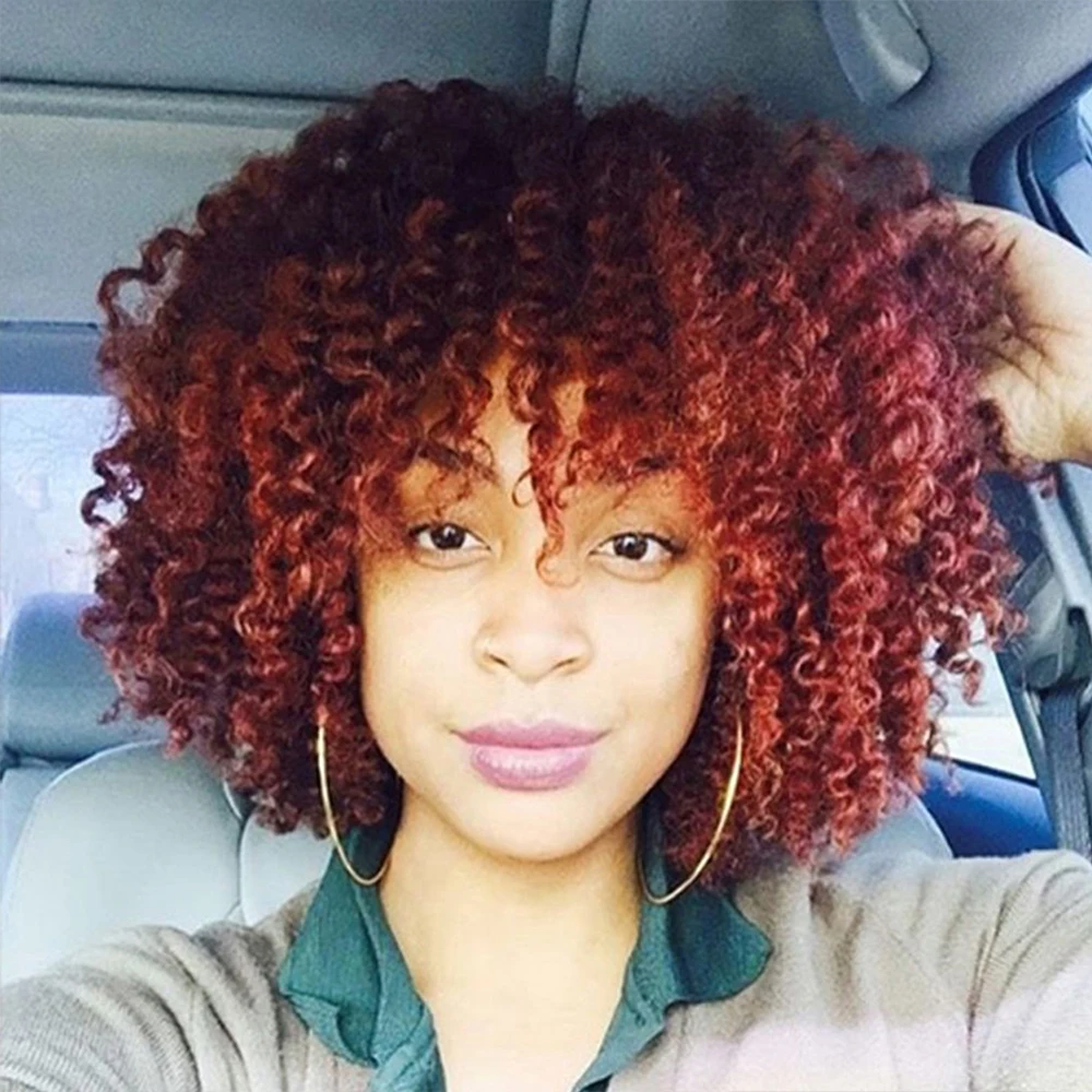 

12-дюймовые афро-кудрявые вьющиеся синтетические волосы, черный градиент, винно-красный, пушистые волокна, парики для вечеринки, косплея, рождественского использования