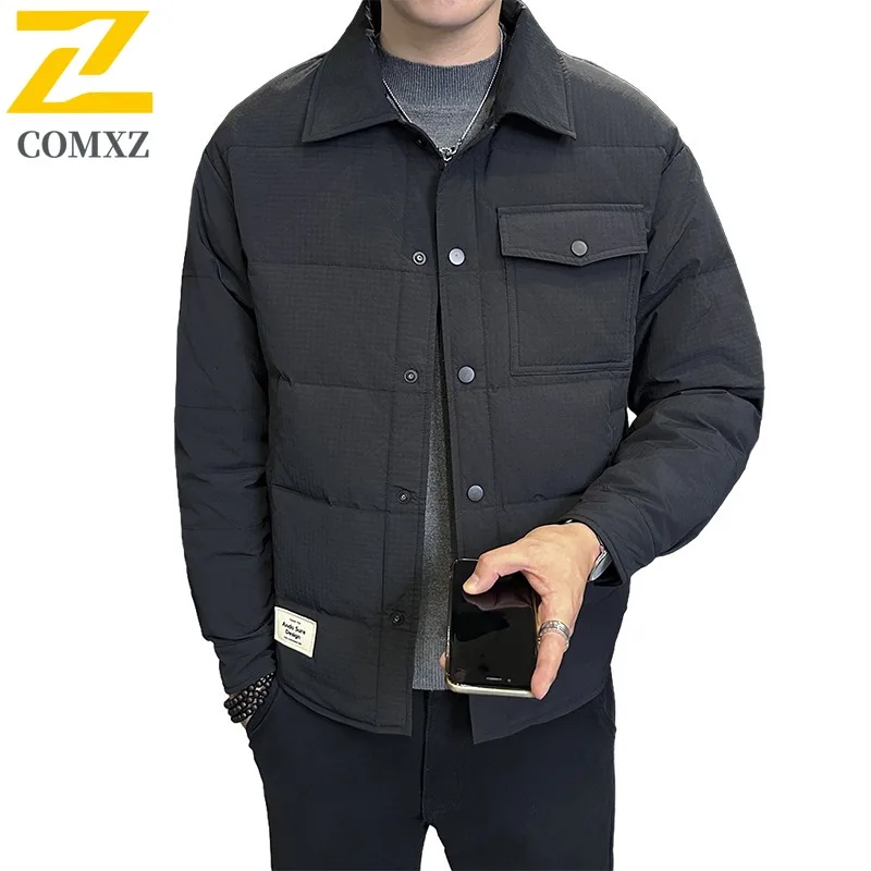 COMXZ 2025 Mens Womens Winter Stand Collar Puffer Jacket American Style Waterproof and Windproof fashion Warm tactic Hooded Coat