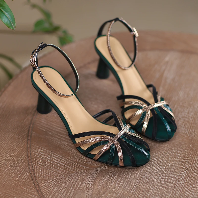 2022 New Women Sandals Ankle Strap Pumps Concise Fashion Genuine Leather Thin High Heels Summer Office Wedding Party Shoes Woman