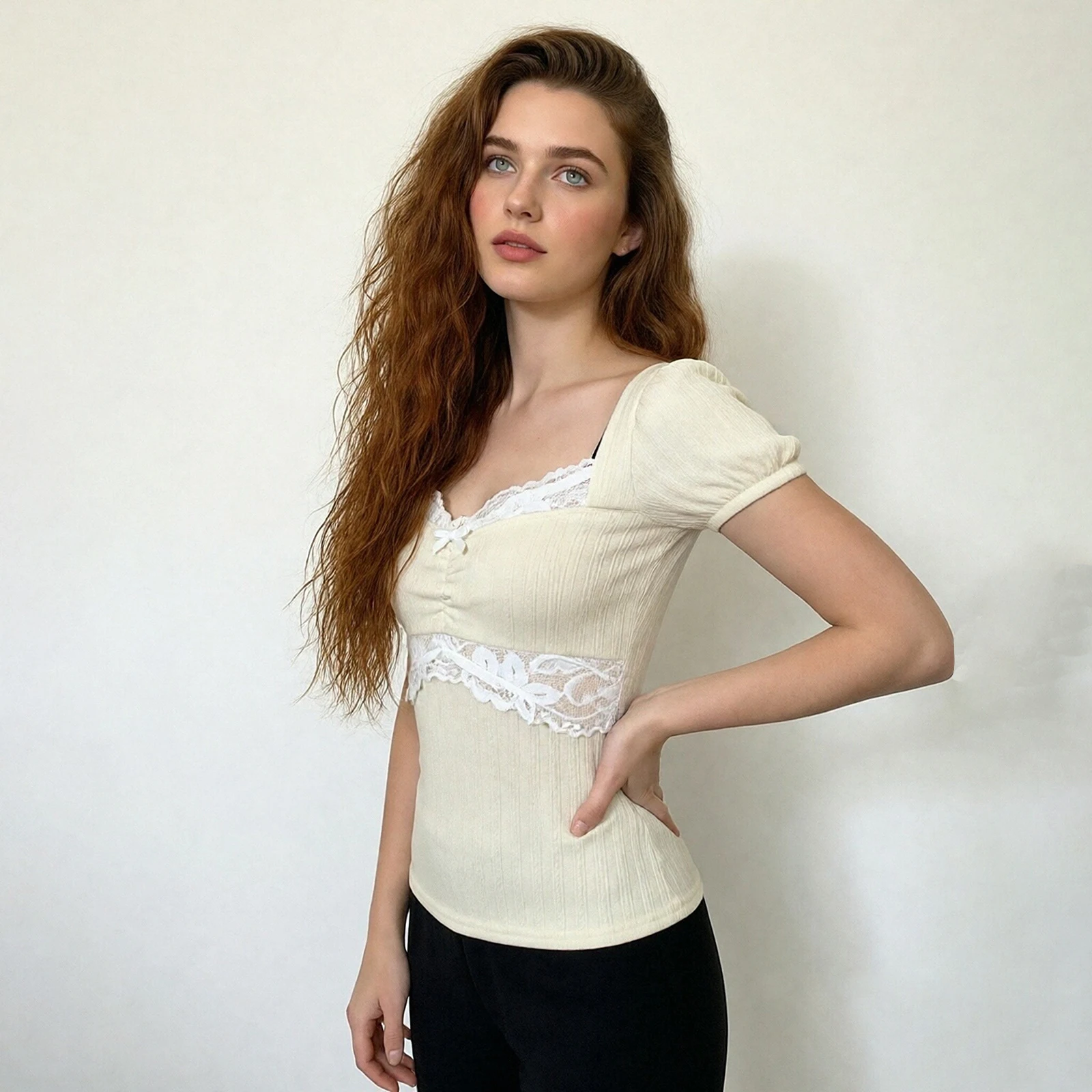 2026 Sexy Women's Summer Tops Fashion Ladies Puff Short Sleeve Sweetheart Neck Lace Patchwork Slim Fit Grunge Slim Shirts