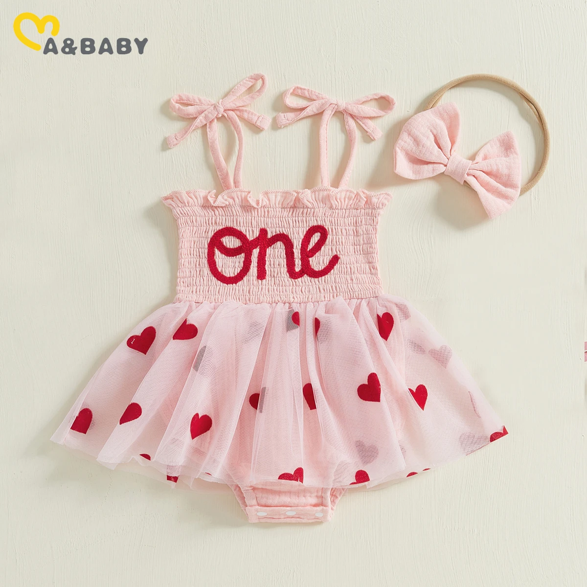 ma&baby 6-18M Baby Girl Birthday Romper Newborn Infant Toddler Outfit Letter Heart Jumpsuit Bow Headband