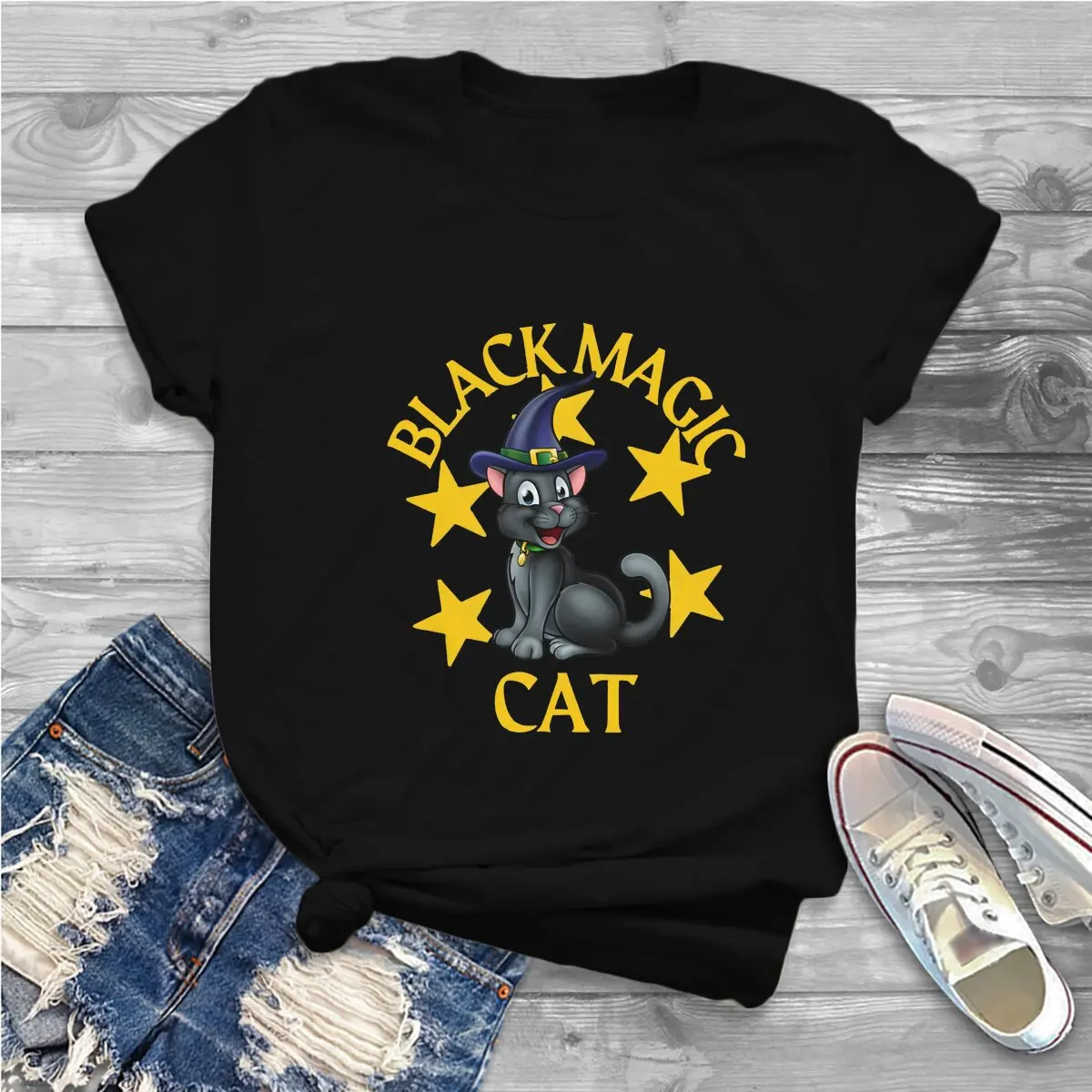 BLACK MAGIC Harajuku Polyester TShirt Black Cats Creative Streetwear Casual T Shirt Female