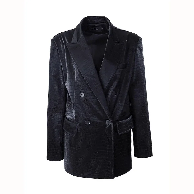 Primavera outono feminino preto falso couro do plutônio terno jaqueta casual duplo breasted manga longa feminino blazers casaco streetwear