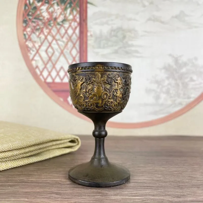 unisex Oriental Retro Relief Dragon Phoenix Goblet Alloy Vintage Decorative Wine Vessel Tabletop Collectible Gift
