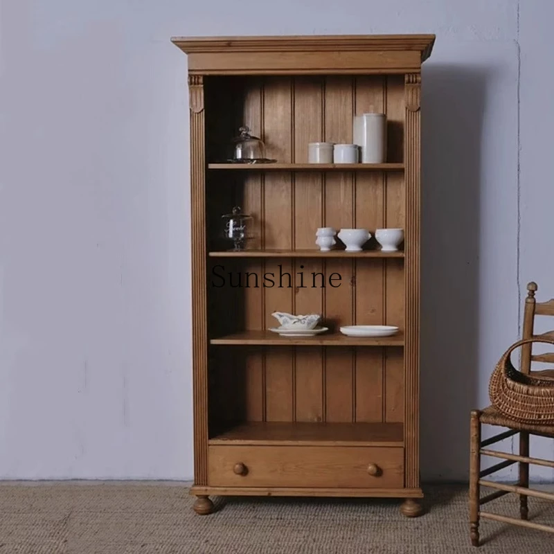 

French retro old solid wood dining side locker living room wall storage cabinet