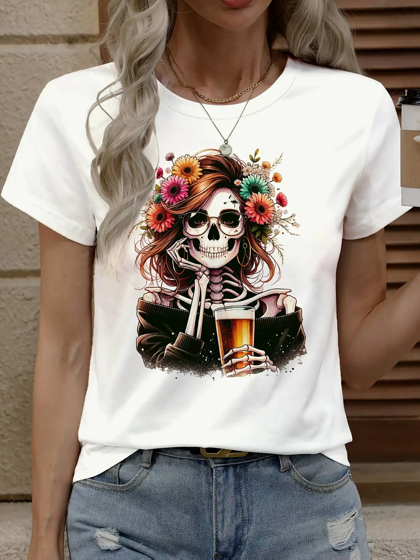 Women's Day of The Dead Skull and Floral Print Beer Mug T-Shirt Casual Short Sleeve Round Neck T Shirt Y2k Tops Graphic Clothes