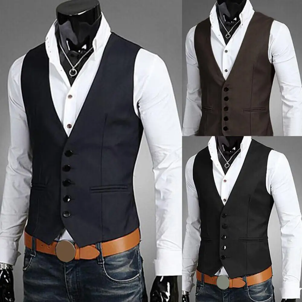 Business Men Solid Color V Neck Button Pocket Sleeveless Slim Vest Waistcoat