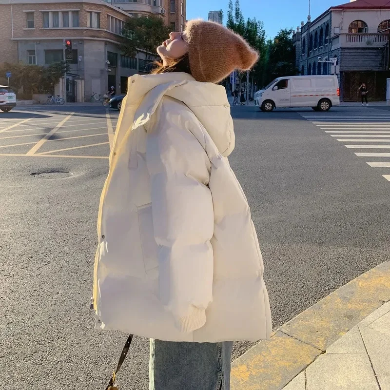 2025 Women Fashion Hooded Puffer Jacket Korean Ladies Long Sleeves Parkas Outwear Winter Femme Medium Length Cotton Padded Coat
