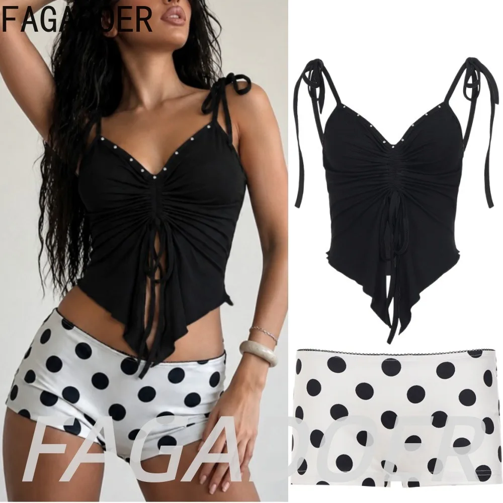 FAGADOER Retro Polka Dot Print Shorts 2 Piece Sets Y2K Sexy Rivet Irregular Ruched Lace-up Crop Top and Bodycon Shorts Outfits