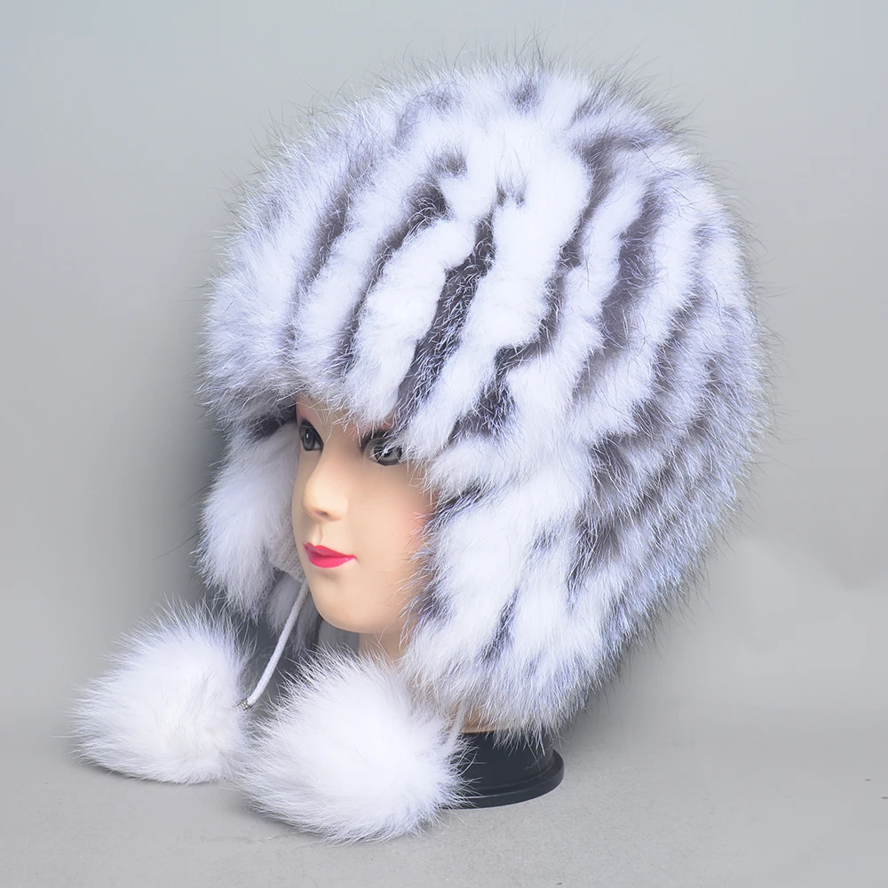 Hot Sale 100% Natural Silver Fox Fur Women Winter Hat Knitted Cap Women Hat Fox Fur Bomber Hat Female Ear Warm Winter Must