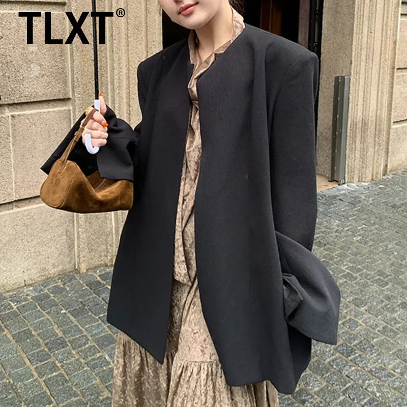 

TLXT Fashion Black Minimalism Blazer Women's Round Neck Loose Long Sleeves Suit Jacket Clothing 2025 Autumn New XK1460