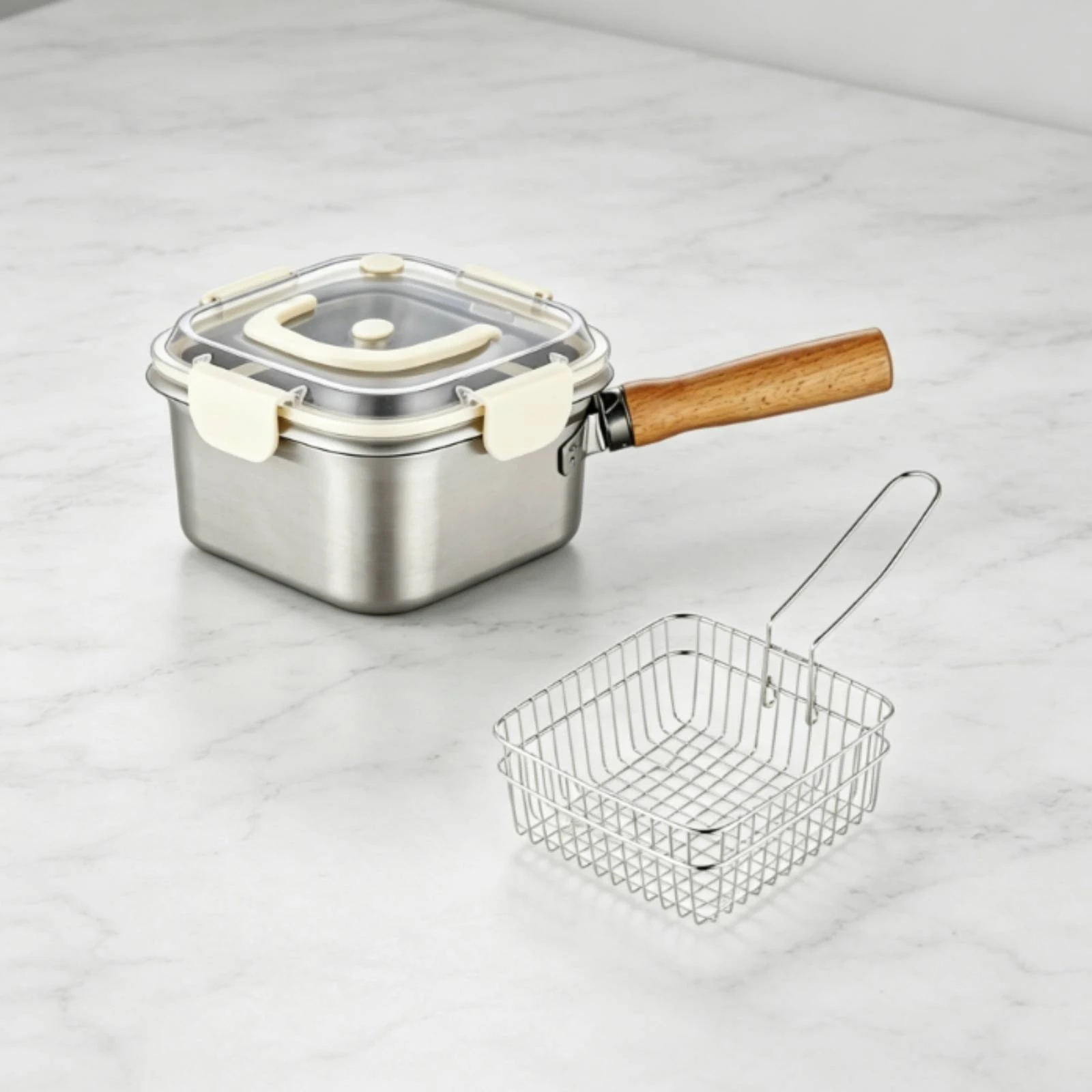 2 Pieces Deep Fryer Pot with Lid Brushed Metal Stainless Steel Deep Fryer Pot view 5
