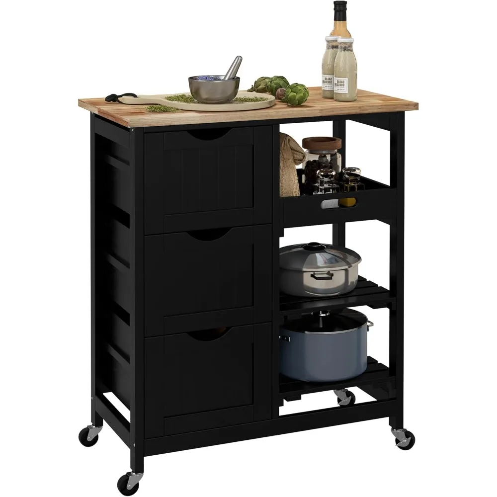 

Rolling Kitchen Island Cart, Bar Serving Cart, Compact Trolley on Wheels with Wood Top, Shelves & Drawers for Home Dining Area