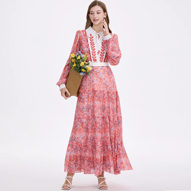 2025 New Arrives Chiffon Long Sleeve Floral Print Holiday Dress Boho Women Beach Party Pink Maxi Dress Elegant Vestidos Robe