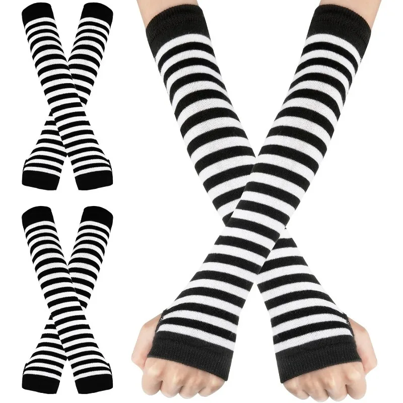 1 Paar Punk-gestreifte gestrickte fingerlose Handschuhe, dehnbare warme mittellange Handschuhe, Hiphop-Dekor, geeignet für Jungen und Mädchen