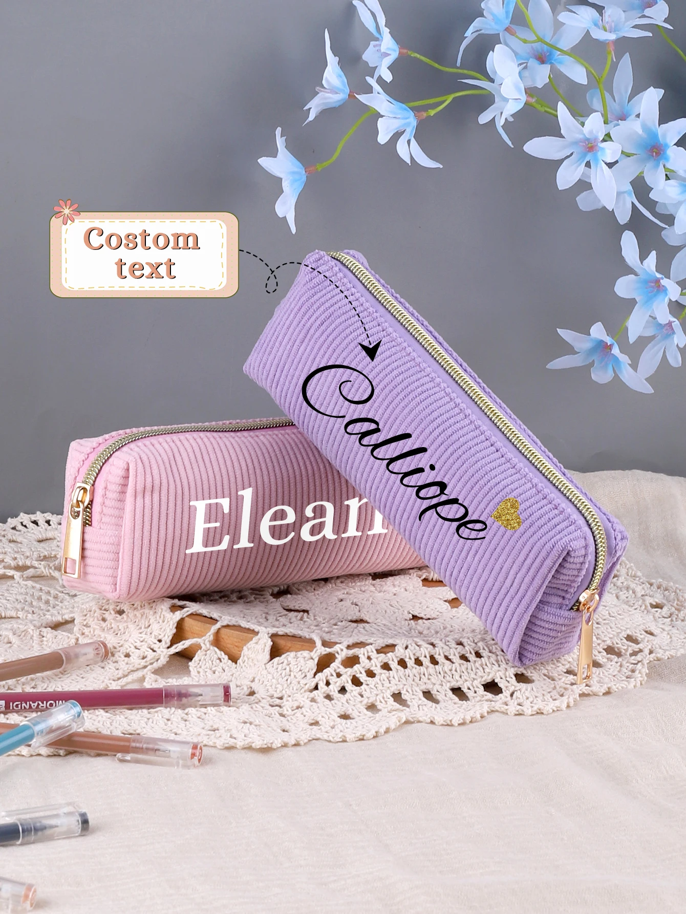 Custom Heat Transfer Name Corduroy Pencil Case, Personalized Text Long Zipper Pen Bag, Stationery Pouch, Custom Gift
