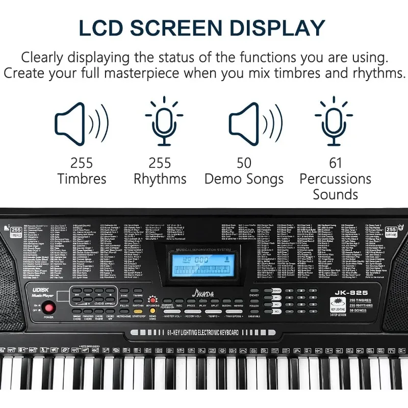 61 Key Portable Electronic Keyboard Piano w/Lighted Full Size Keys,LCD,Headphones,X-Stand,Stool,Music Rest,Microphone,Note Stick