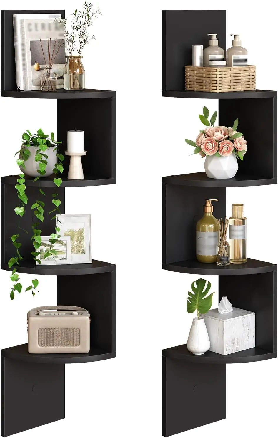 

Set of 2 Floating Corner Shelves, 4-Tier Wall-Mounted for Living Room, Bedroom, Bathroom, Home Office in Black