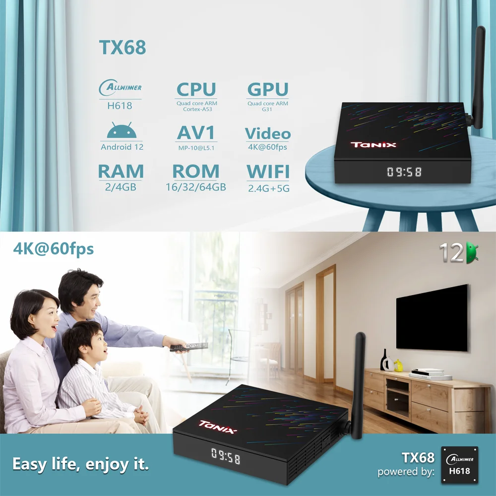 Tanix TX68 TV Box Android12 Allwinner H618 BT AVI 3D 2.4G&5G Wifi6 4K HDR 2GB/4GB RAM 16GB 32GB/64GB مشغل الوسائط مجموعة الصندوق العلوي