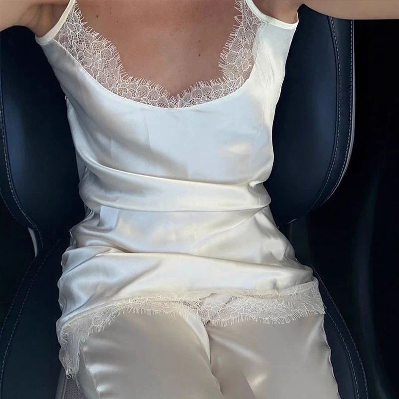 Sexy Floral Lace Trim Patchwork Satin Camis Sleeveless Adjustable Straps Backless Loungewear 2026 Summer Solid Elegant Tank Tops