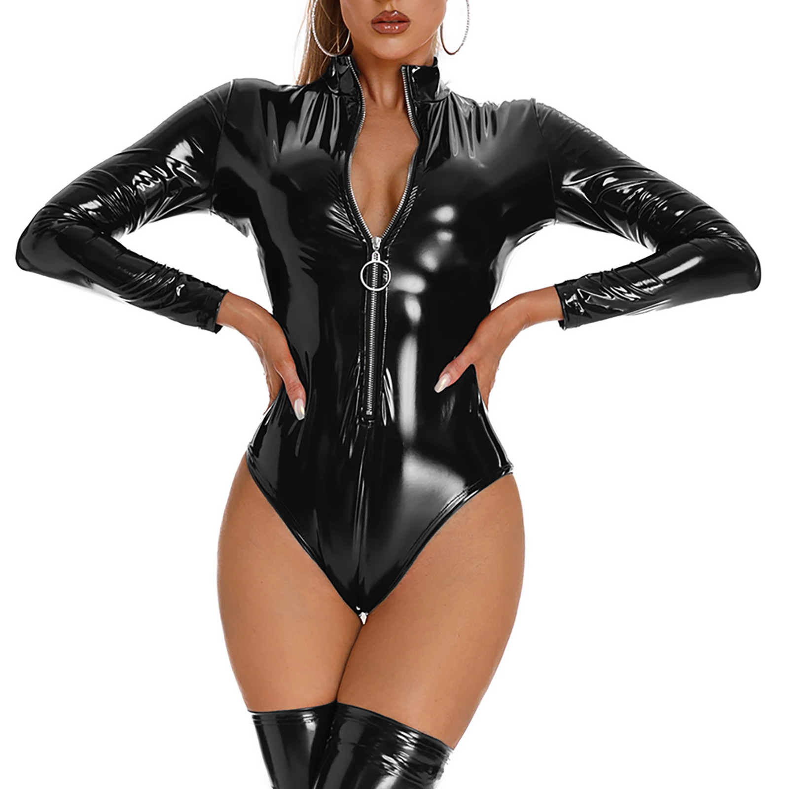 Lady Long Sleeve Wet Look Patent Leather Bodysuit Nightclub Rave Party Bar Pole Dancing Costume Zipper High Cut Catsuit Clubwear