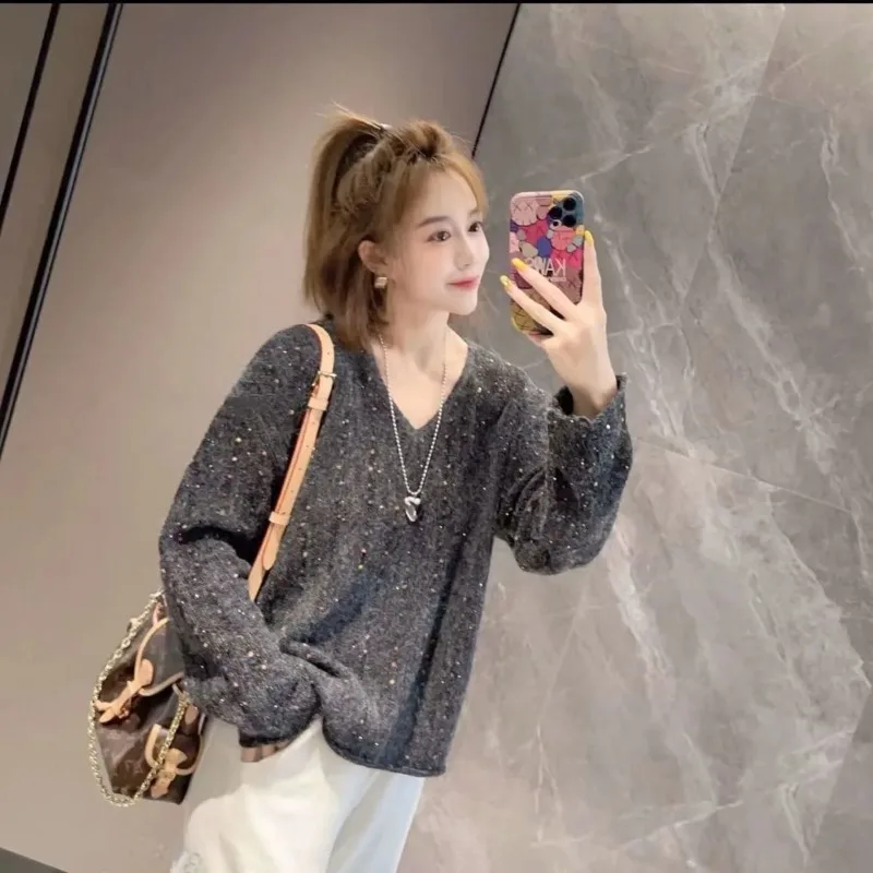 سترة صوف على الطراز الكوري للخريف والشتاء سترة صوف بأكمام طويلة متعددة الاستخدامات فضفاضة وعصرية مجوفة