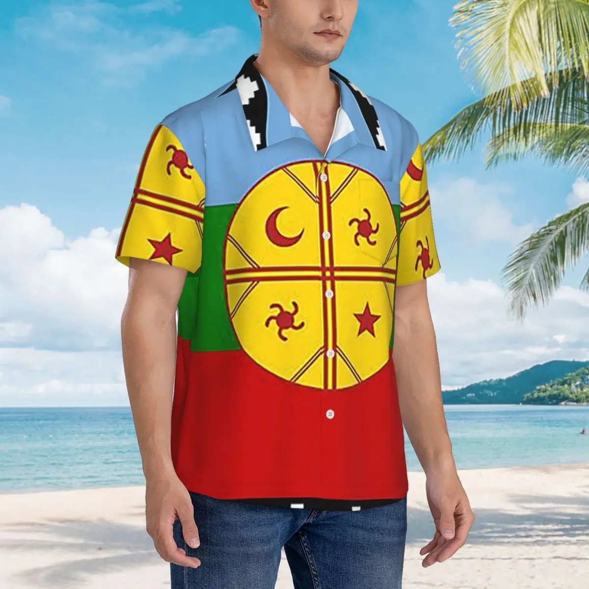 

Flag Of The Mapuches Bandera Mapuche Hawaiian Shirts Casual Men Short Sleeve Shirt for Summer Beach Men's Lapel Tops