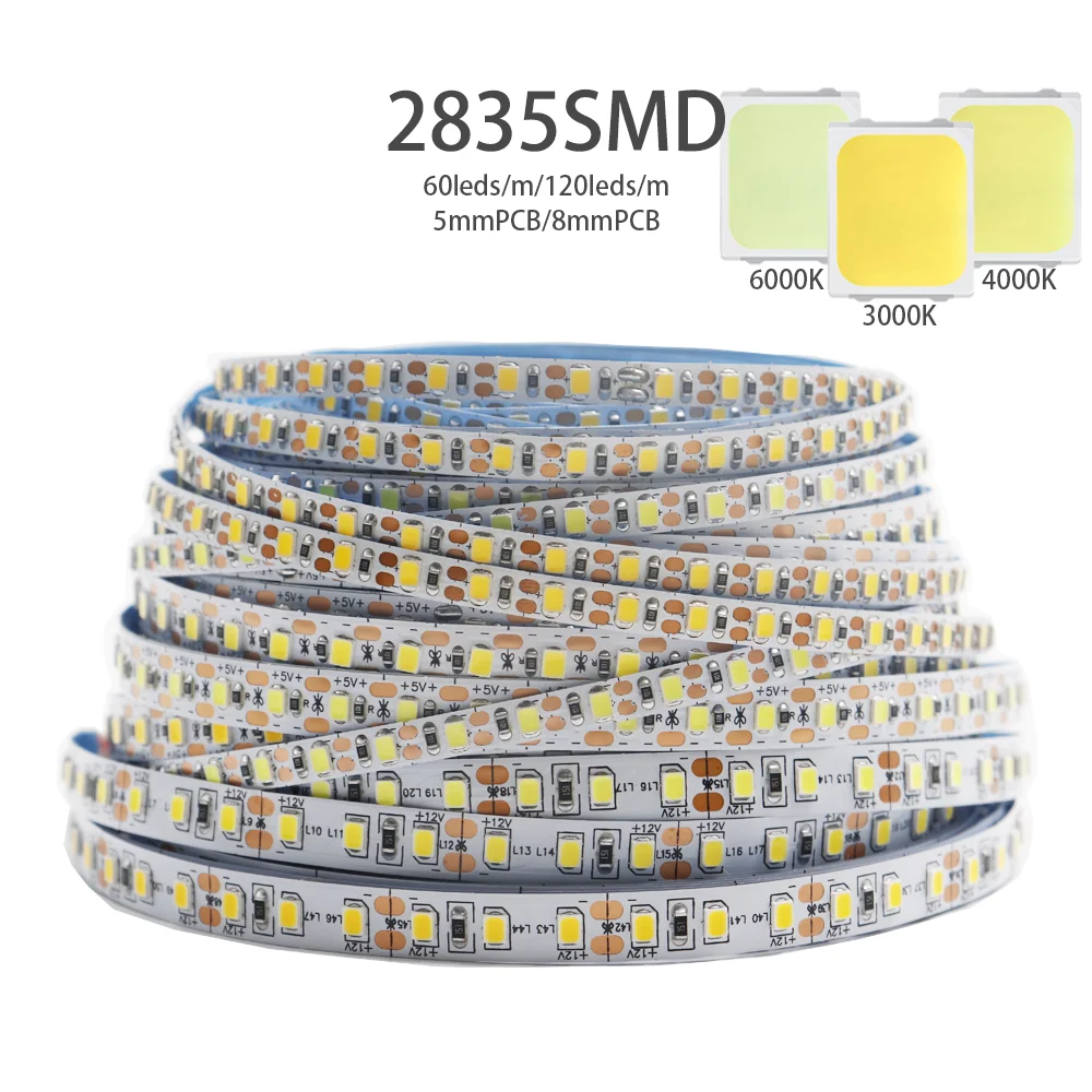 

5 м 2835SMD светодиодные ленты, натуральный белый/теплый белый/белый, гибкая и регулируемая осветительная лента, используемая для украшения дома, 5/12 В постоянного тока