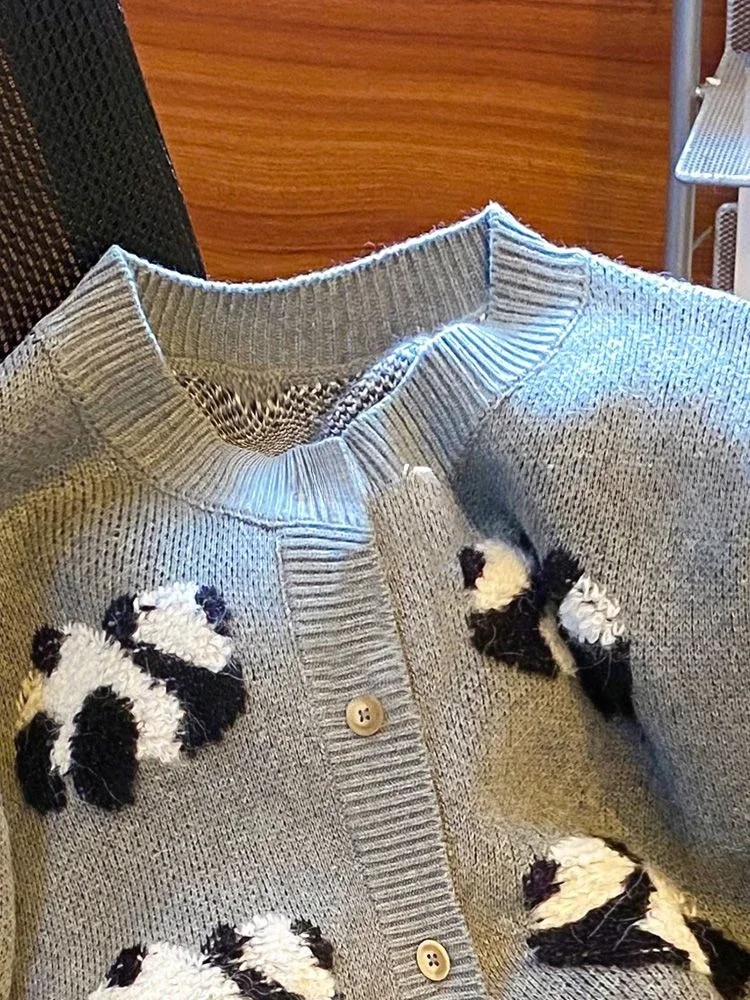 Knitted Sweater Coat Women's Clothing Sueter Long Sleeve O-neck Panda Cartoon Sweet Cardigan Tops Pull Femme Preppy Style B721