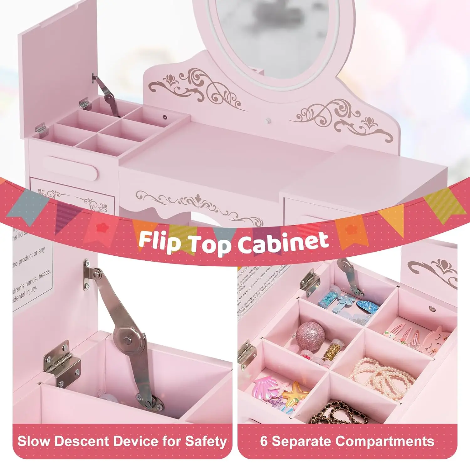 Kids Vanity, Girl Vanity Set with Lighted Mirror and Stool, Wooden Princess Vanity w/Flip up Storage Cabinet,, Customized