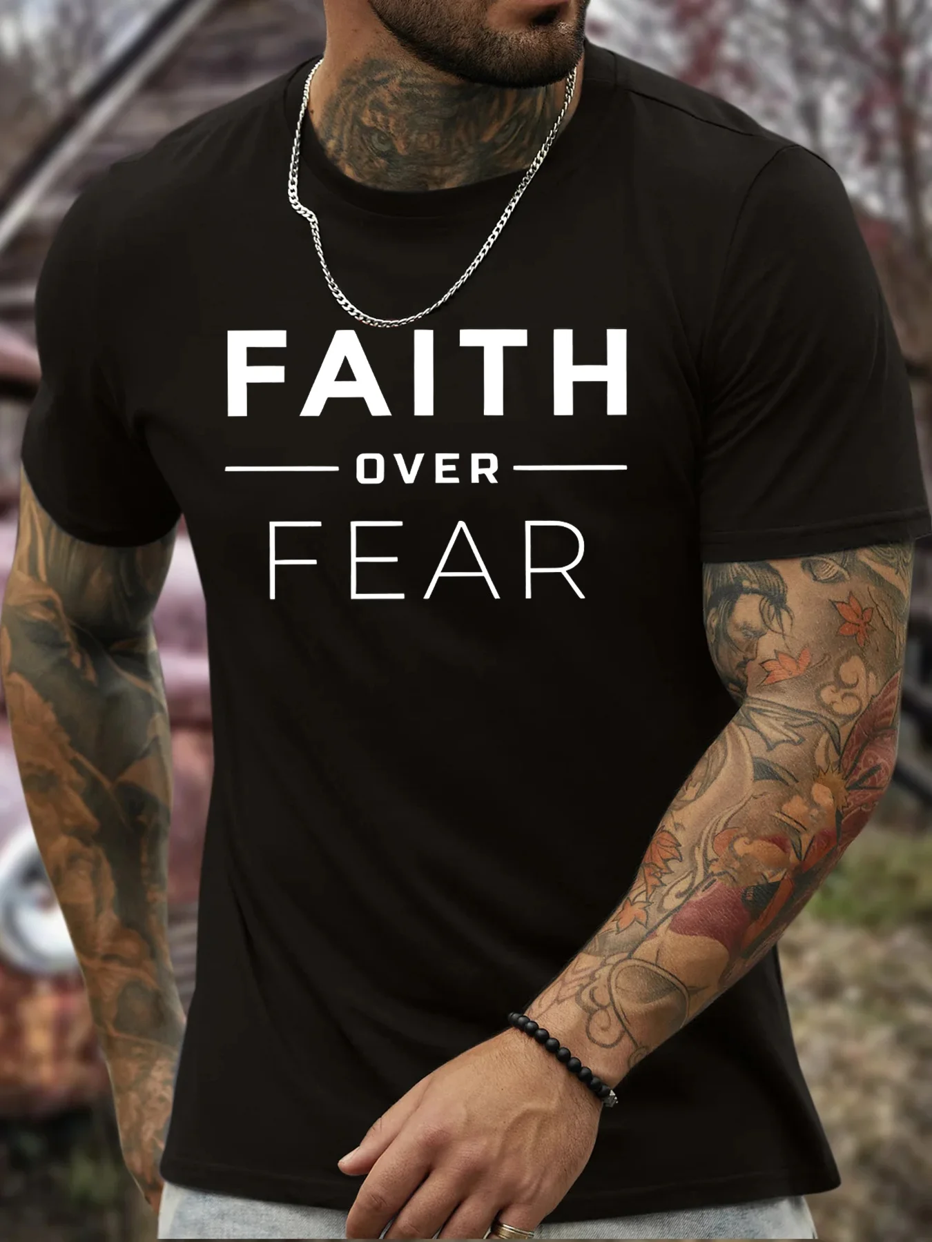 

FAITH OVER FEAT Motivational Print, Men's Round Neck Short Sleeve T-shirt, Casual Comfy Fit Top For Summer
