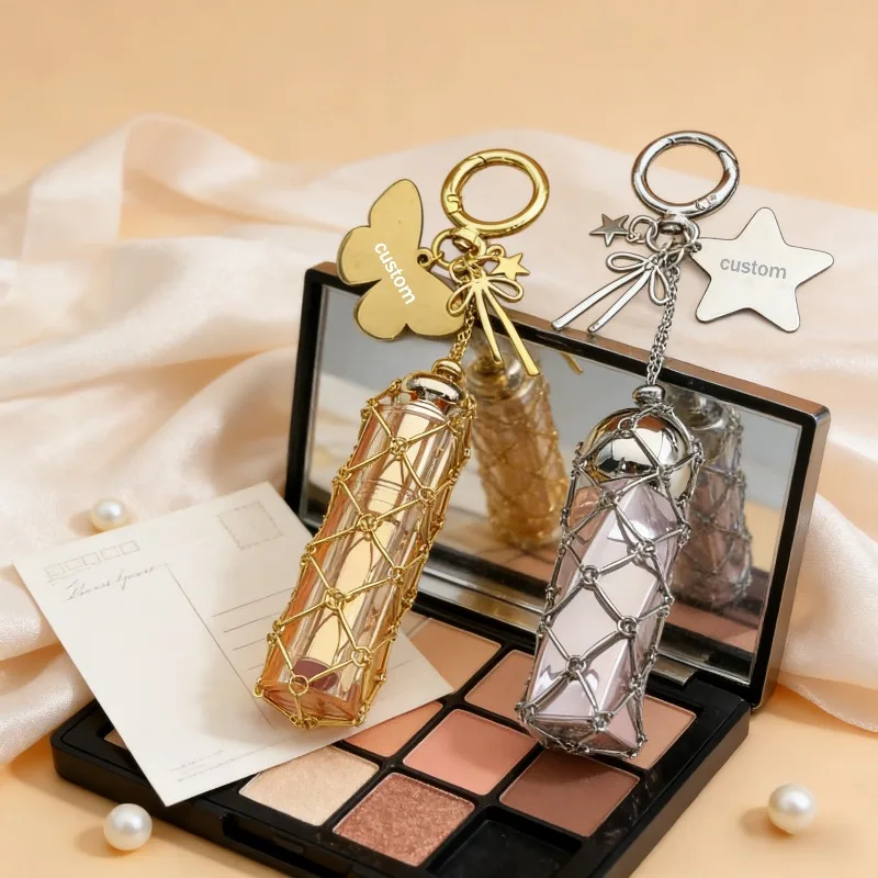Custom Name Metal Star Butterfly Lipstick Bag Keychain Stainless Steel Net Pocket Interchangeable Lip Balm Key Chain Accessories