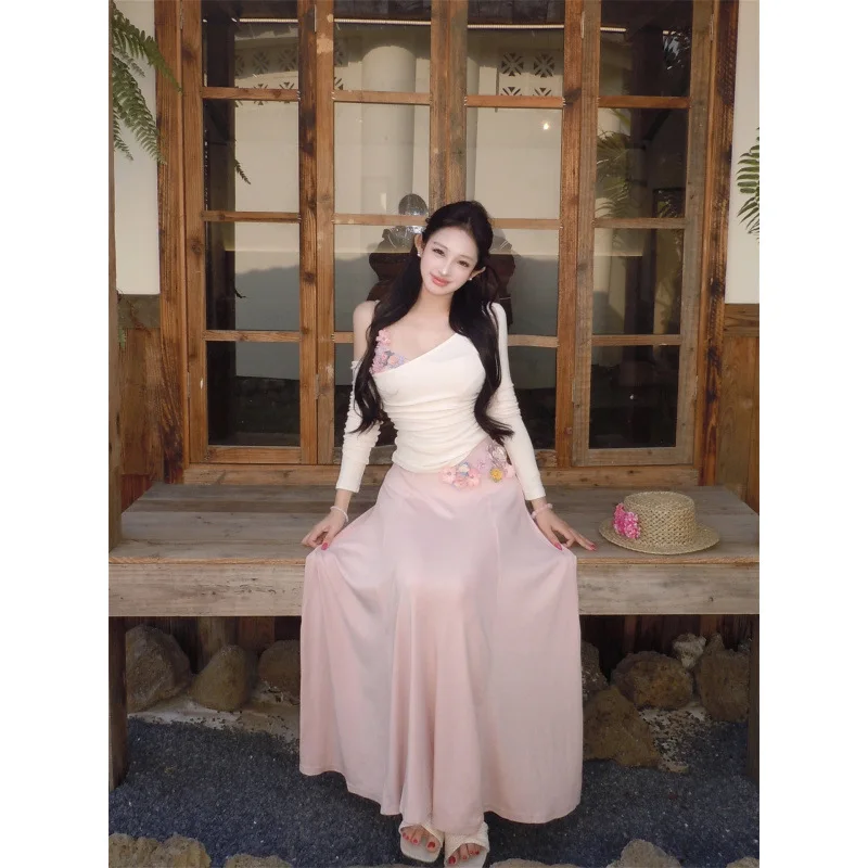 

Pink Asymmetrical Neck Maxi Dress Set Women's Long Sleeve Ruffle Trim 2 Piece Dress 3D Flower Decor Casual Vacation Beach Set