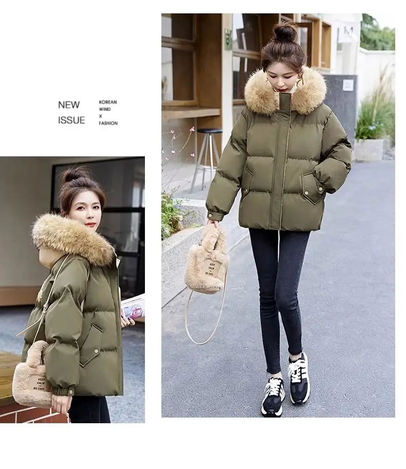 Down Cotton Jacket For Women Short Thickened 2026 Winter New Big Fur Collar Loose Cotton Coat Women's Warm Hooded Jackets Parker