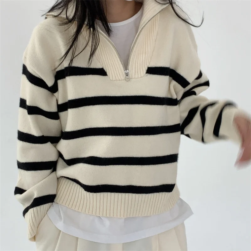 Autumn Korean Striped Zipper Lapel Casual Short Pullover Knit Sweater Coffee Color White Loose Long Sleeve Knit Tops Pull Femme