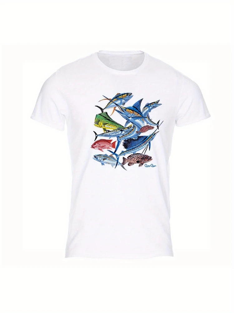 Saltwater Fish Collage Marlin Tuna Swordfish Mahi Fishing Fisherman-100% Cotton Casual Short Sleeve O-Neck Printed T-Shirt.