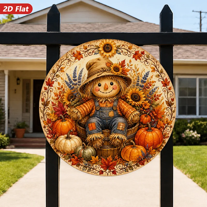 2D Flat, 1pc Autumn Scarecrow Harvest Round Metal Sign Wall Art, Smiling Scarecrow, Sunflowers And Pumpkins, Home Decor, Rustic