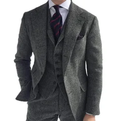 3 Piece Gray Wool Tweed Winter Suit for Men Herringbone Slim Fit Formal Groom Tuxedo Wedding Male Suits (Jacket+Vest+Pants)