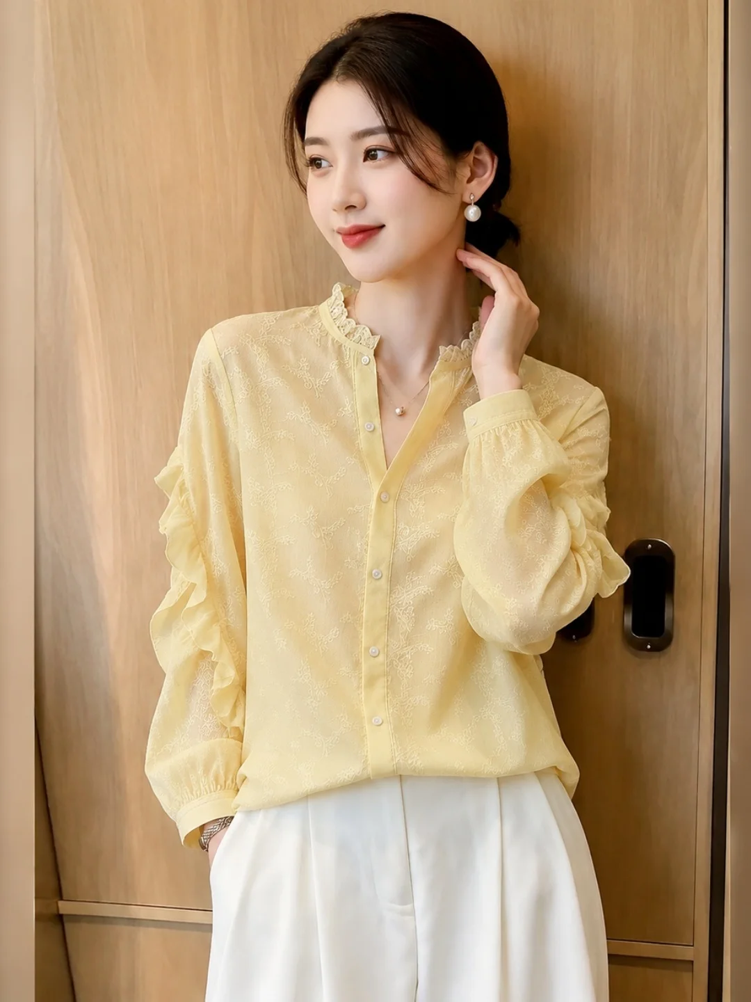 Elegant Long Sleeve Commuter Shirt Single Button Slimming Versatile Korean Style Straight Cut Shirt for Young Women
