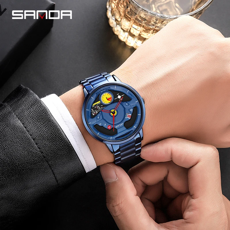 SANDA P1085 مبتكرة الهيكل العظمي ساعة الرجال الرياضة سيارة المقود مقاوم للماء الفولاذ المقاوم للصدأ حزام الكوارتز العلامة التجارية ساعات المعصم