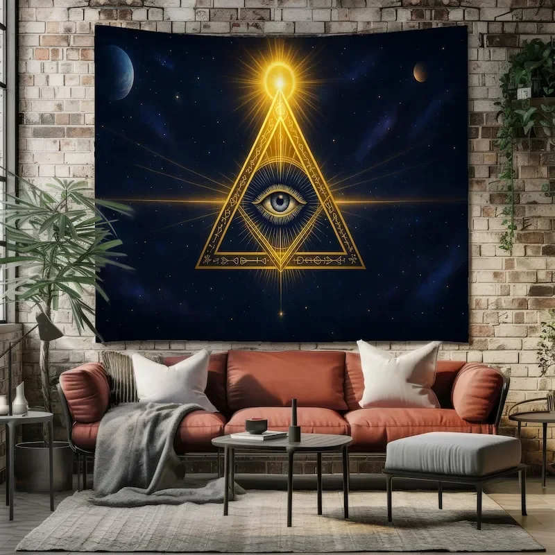 Mystic Eye Pyramid Tapestry, Golden Geometry Wall Hanging for Bedroom Decor, Spiritual Universe Art Gift